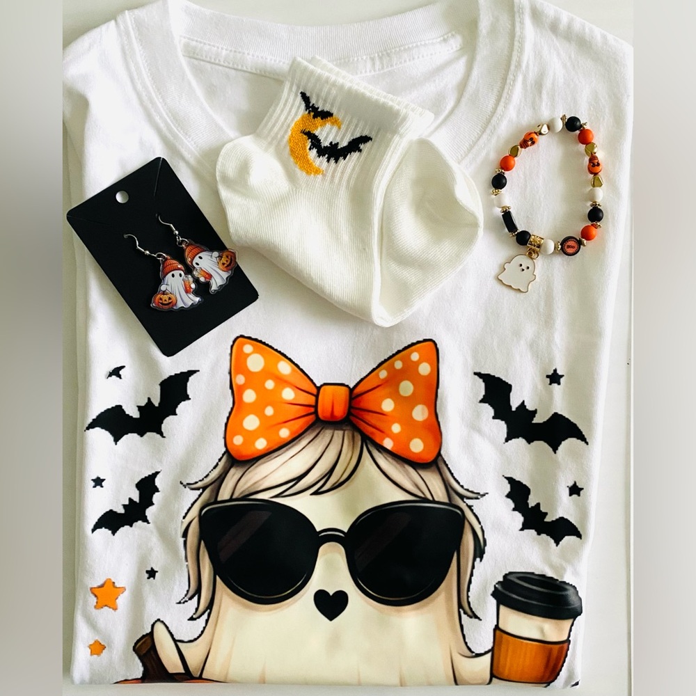 White Halloween Ghost Graphic Tee & accessories. 🆕